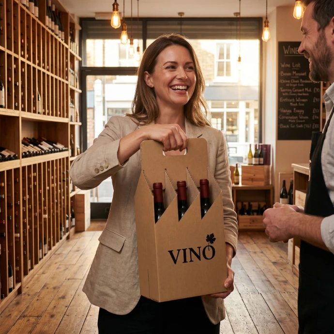 Une femme tenant un emballage de vin en carton muni d'une poignée.
