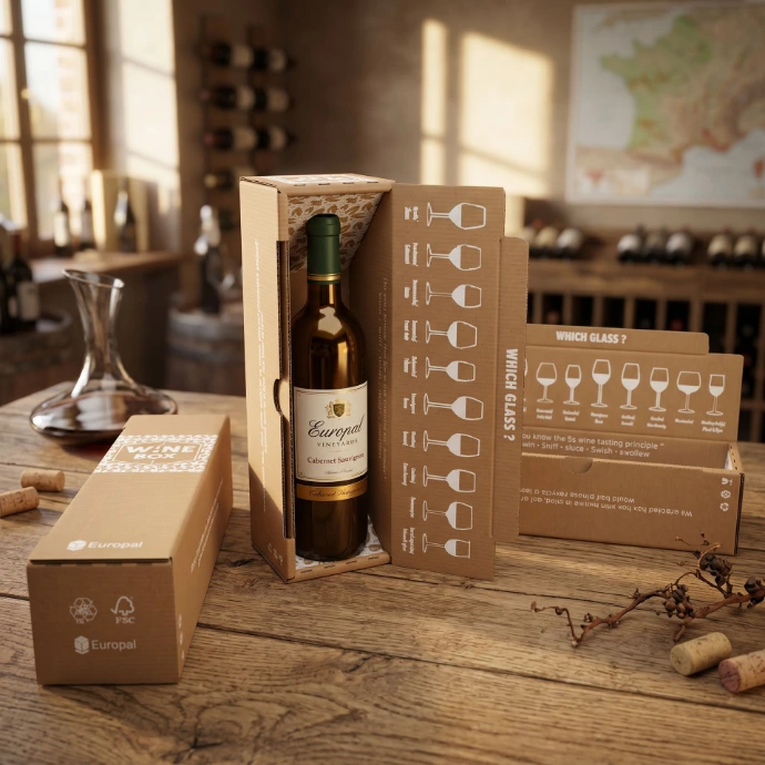 Une bouteille seule dans un emballage en carton pour vin, avec des instructions sur l'utilisation du verre à vin à l'intérieur.