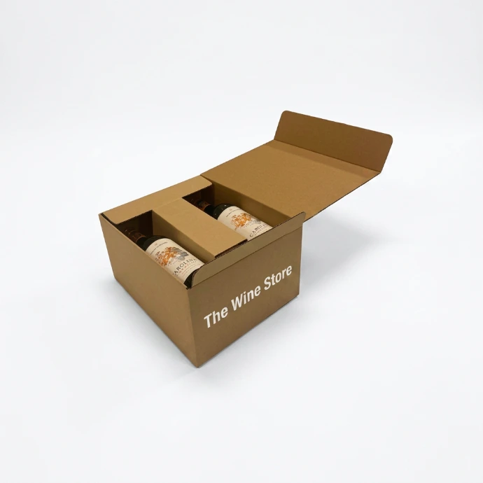 Un emballage en carton à deux couches pour six bouteilles de vin, sans ruban adhésif et avec des bouteilles à fermeture automatique.