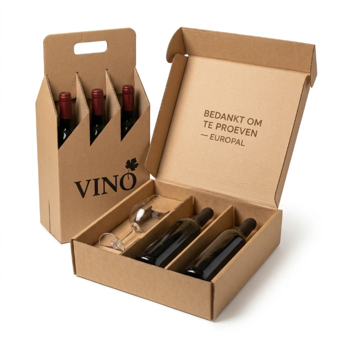 Deux exemples d'emballages spéciaux en carton pour le vin.