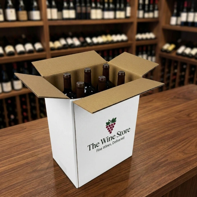 Un coffret à vin en carton pouvant contenir 6 bouteilles, de couleur blanche à l'extérieur et comportant un imprimé.