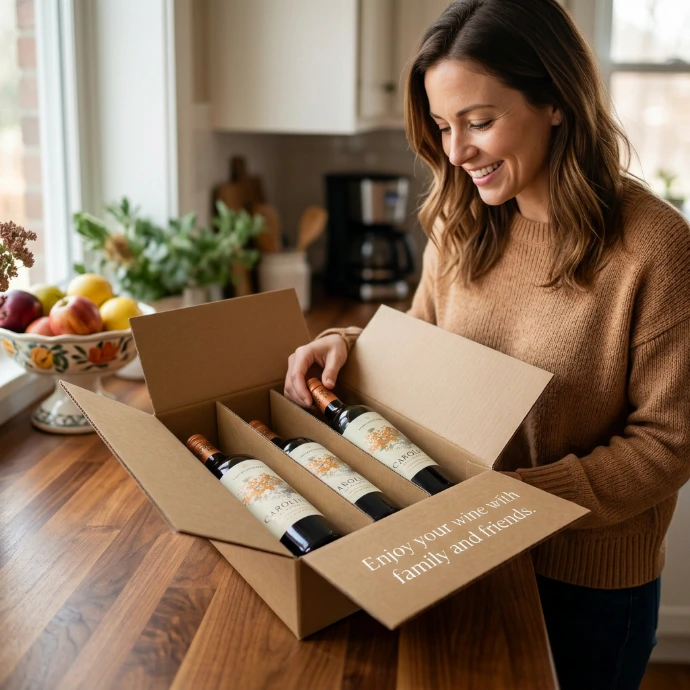 Une femme ouvrant un carton contenant des bouteilles de vin.